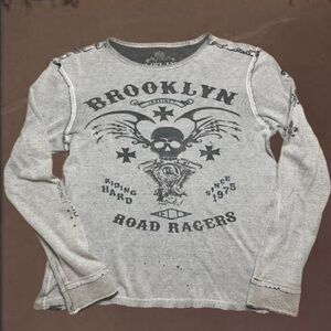 Helix Y2K skull all over print long sleeve thermal distressed grunge tee sz S